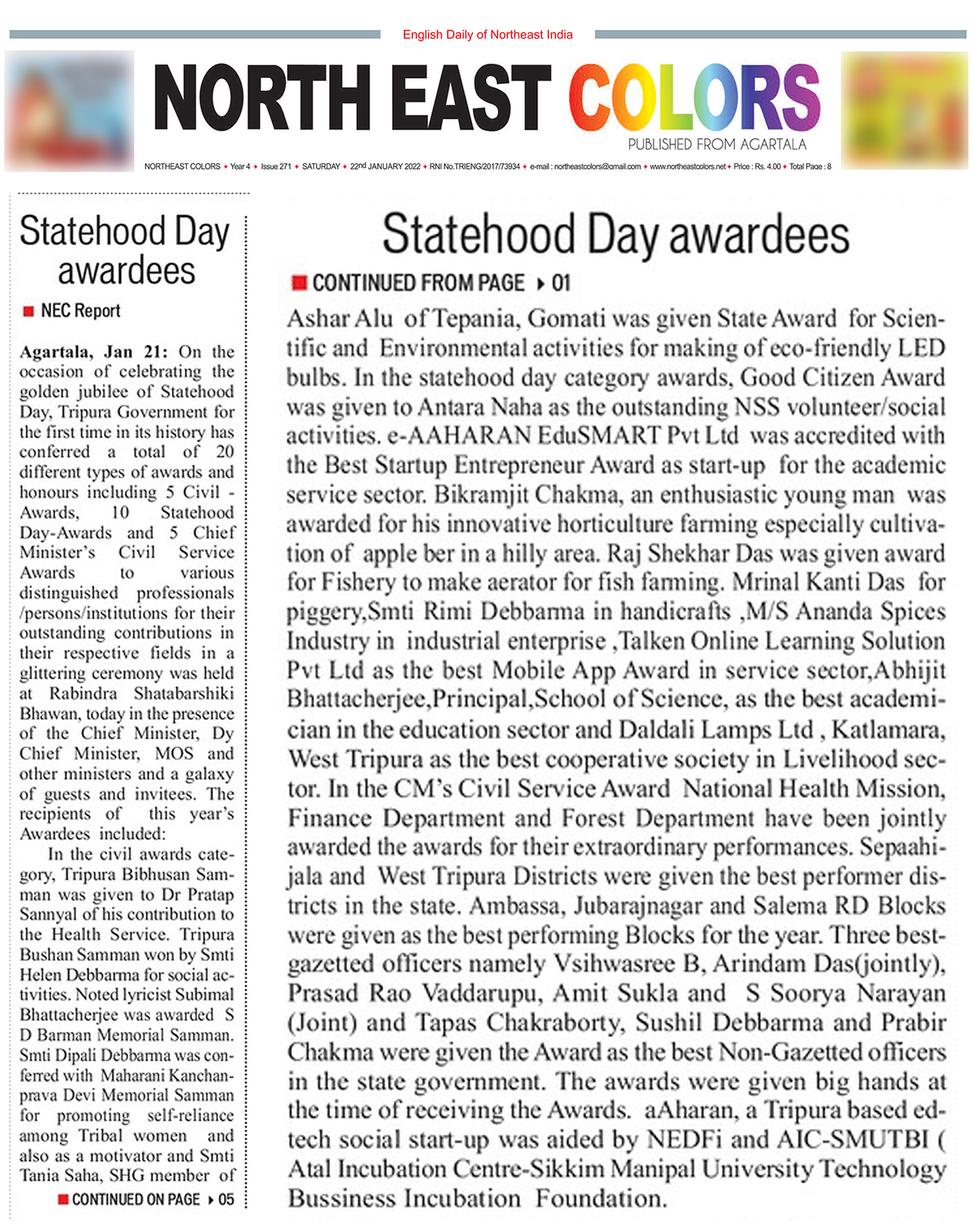 CMO Tripura tweet about aAHARAN award